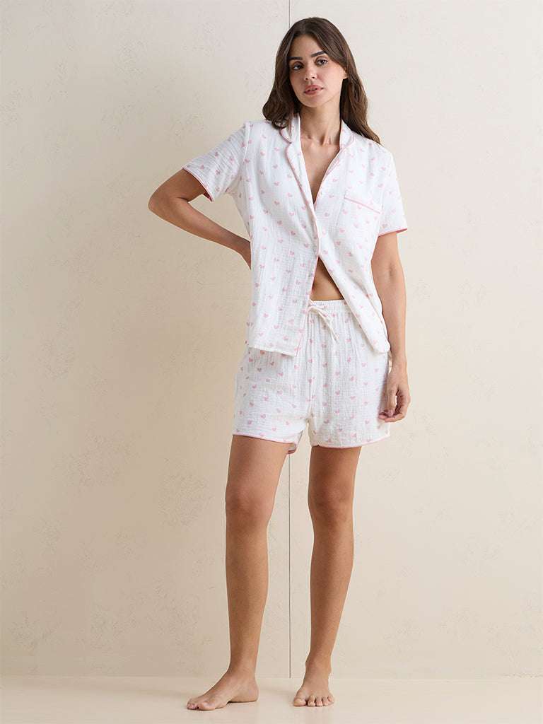 Wunderlove White Heart Printed Cotton Shirt and Shorts Set