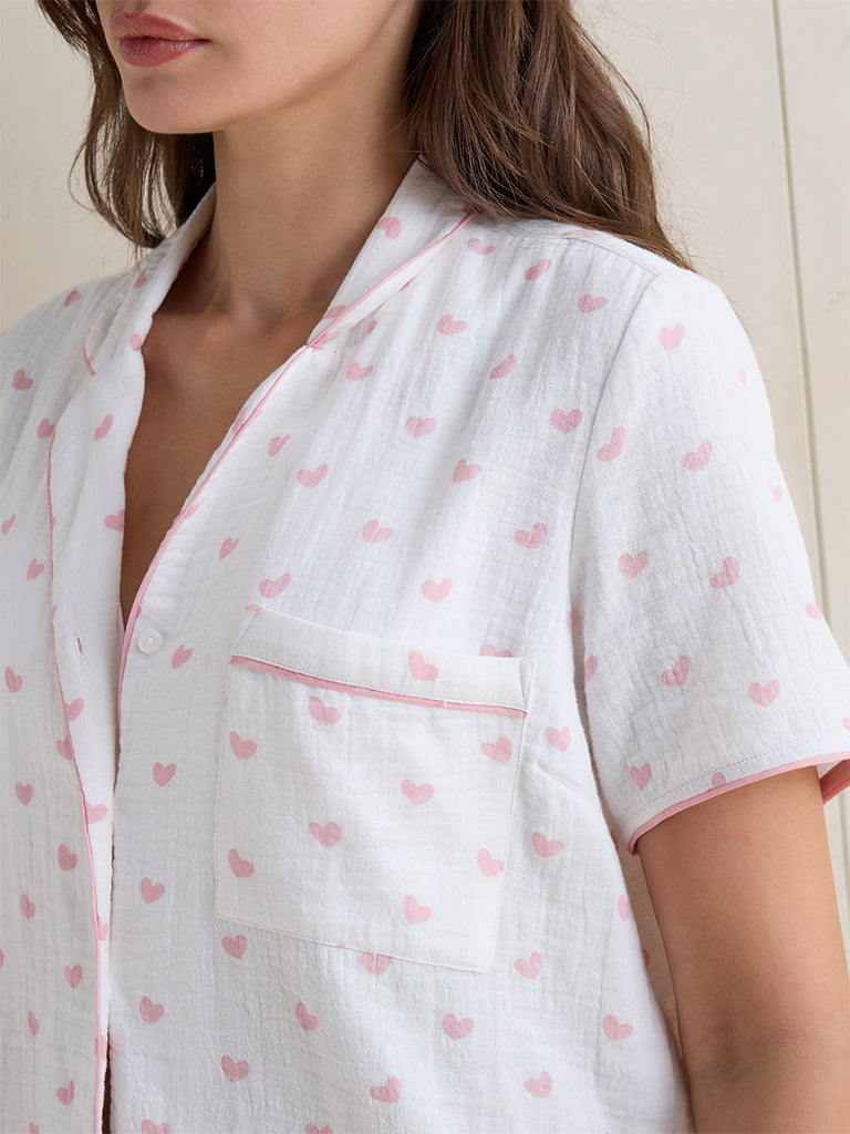 Wunderlove White Heart Printed Cotton Shirt and Shorts Set
