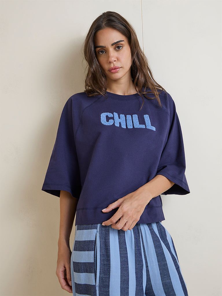 Wunderlove Navy Text Design Cotton T-Shirt