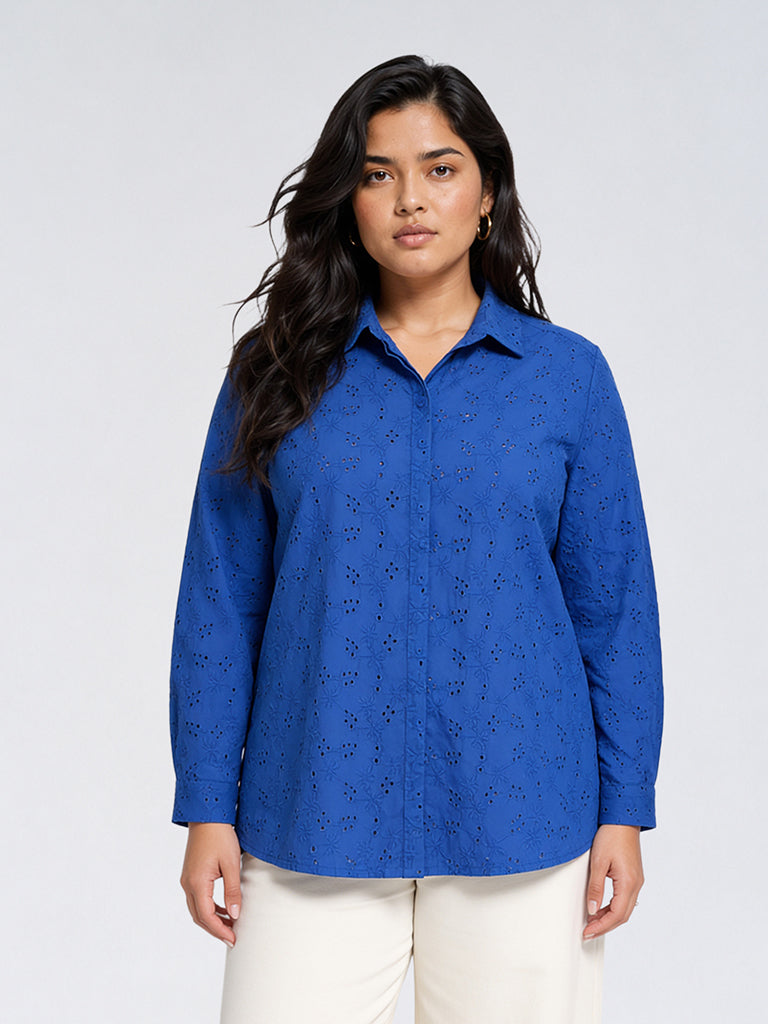 Gia Blue Floral Schiffli Embroidered Cotton Shirt