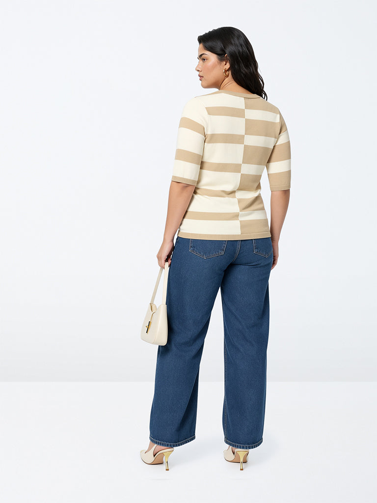Gia Beige and Cream Colour-Blocked Striped Sweater