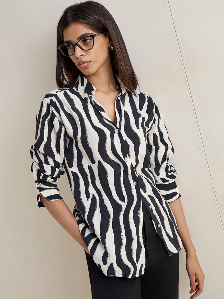 Wardrobe Black and White Abstract Printed Shirt