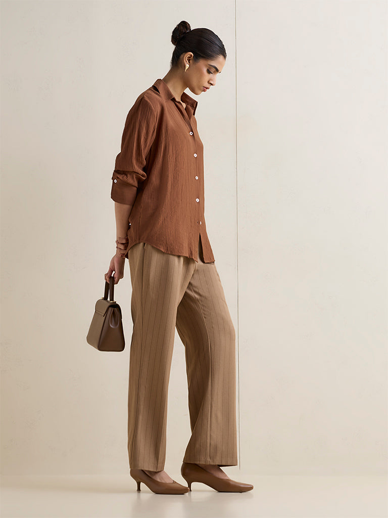 Wardrobe Brown Self-Textured Shirt