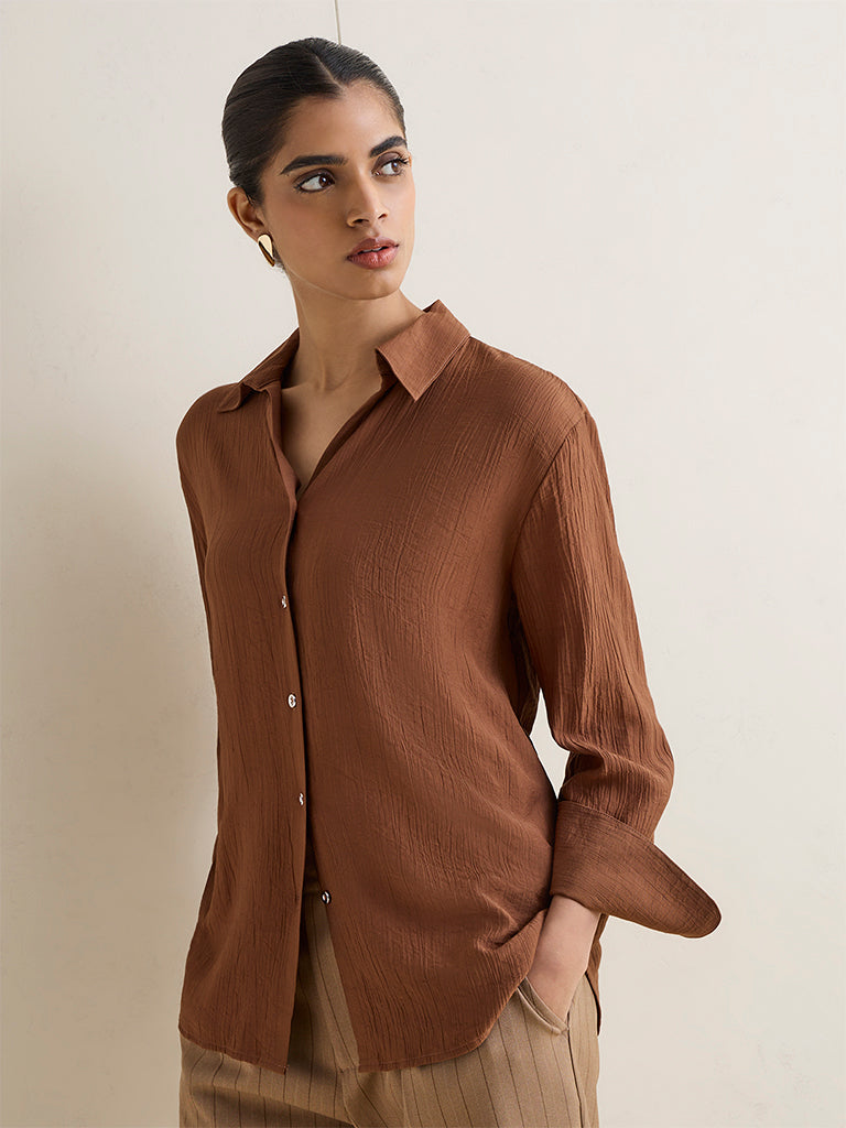 Wardrobe Brown Self-Textured Shirt