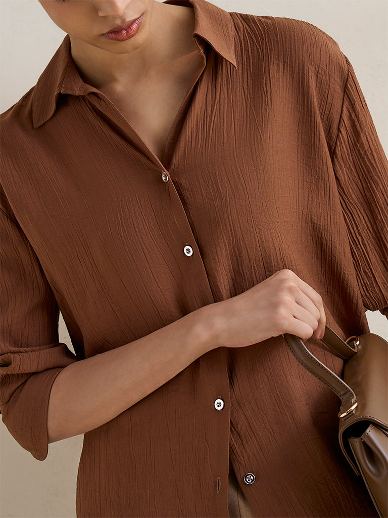Wardrobe Brown Self-Textured Shirt