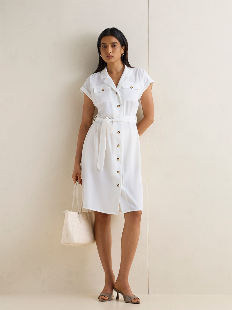 Wardrobe White Solid Shirt Dress with Belt