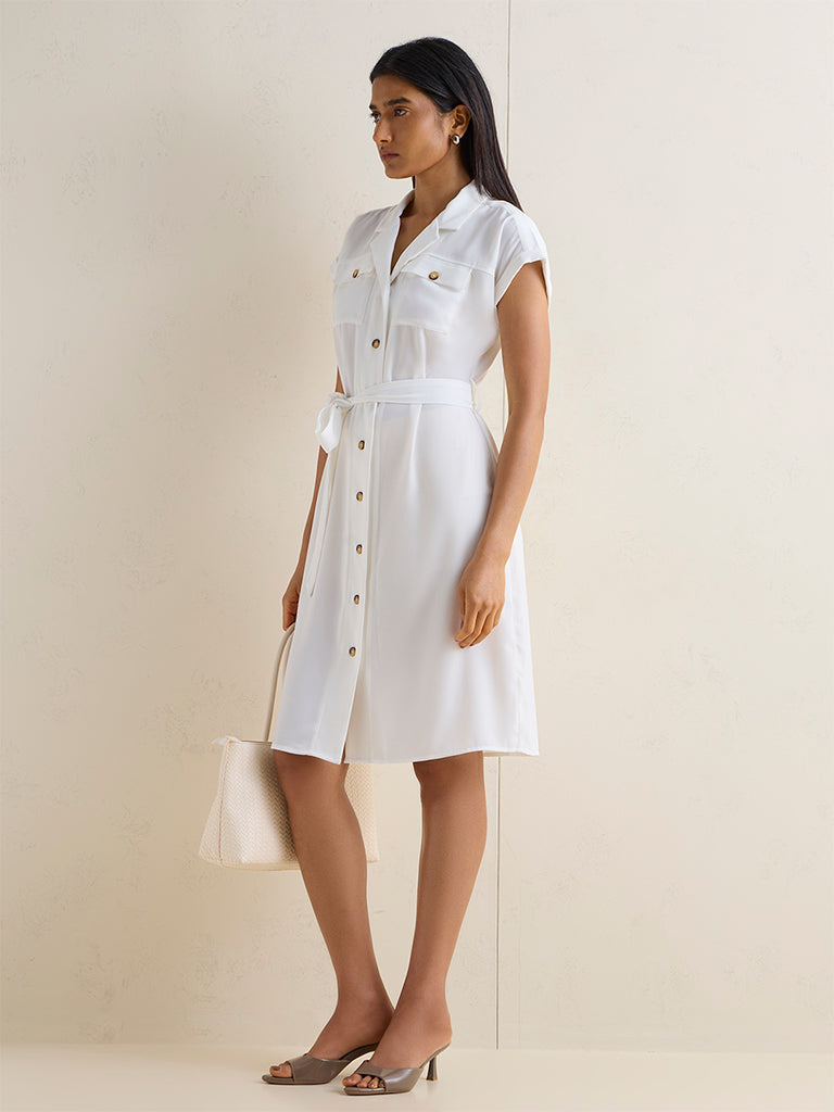 Wardrobe White Solid Shirt Dress with Belt