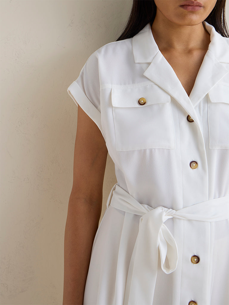 Wardrobe White Solid Shirt Dress with Belt