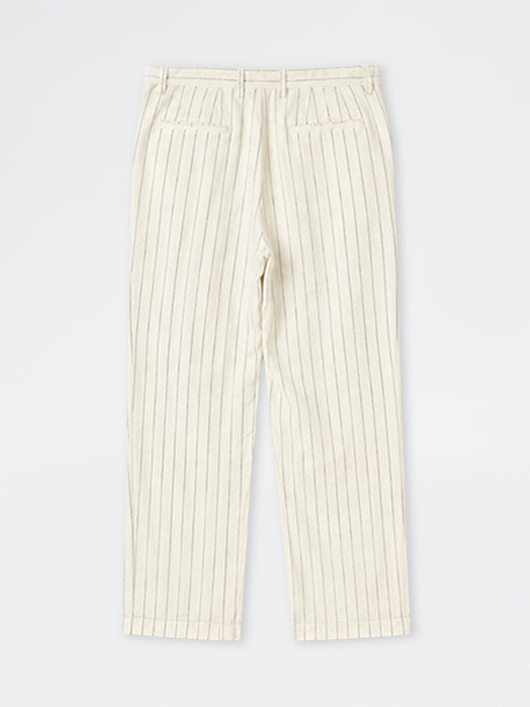 Ascot Off-White Pinstriped Mid-Rise Relaxed-Fit Linen Trousers