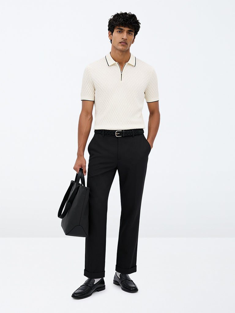 Ascot Black Solid Relaxed-Fit Mid-Rise Trousers