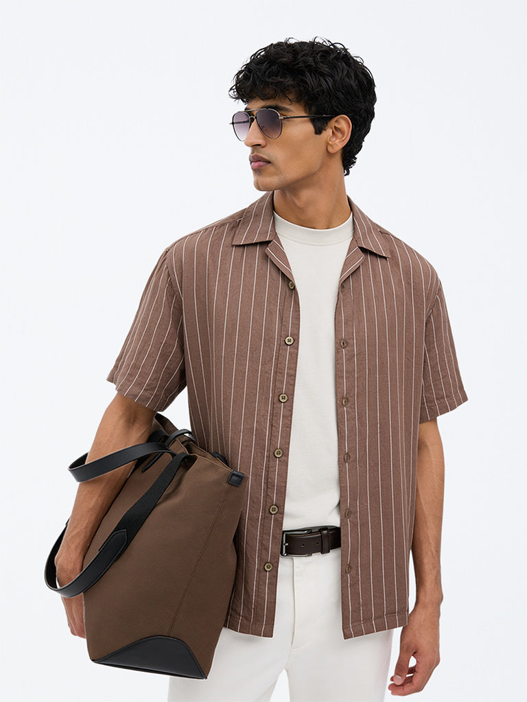 Ascot Brown Striped Relaxed-Fit Linen Shirt