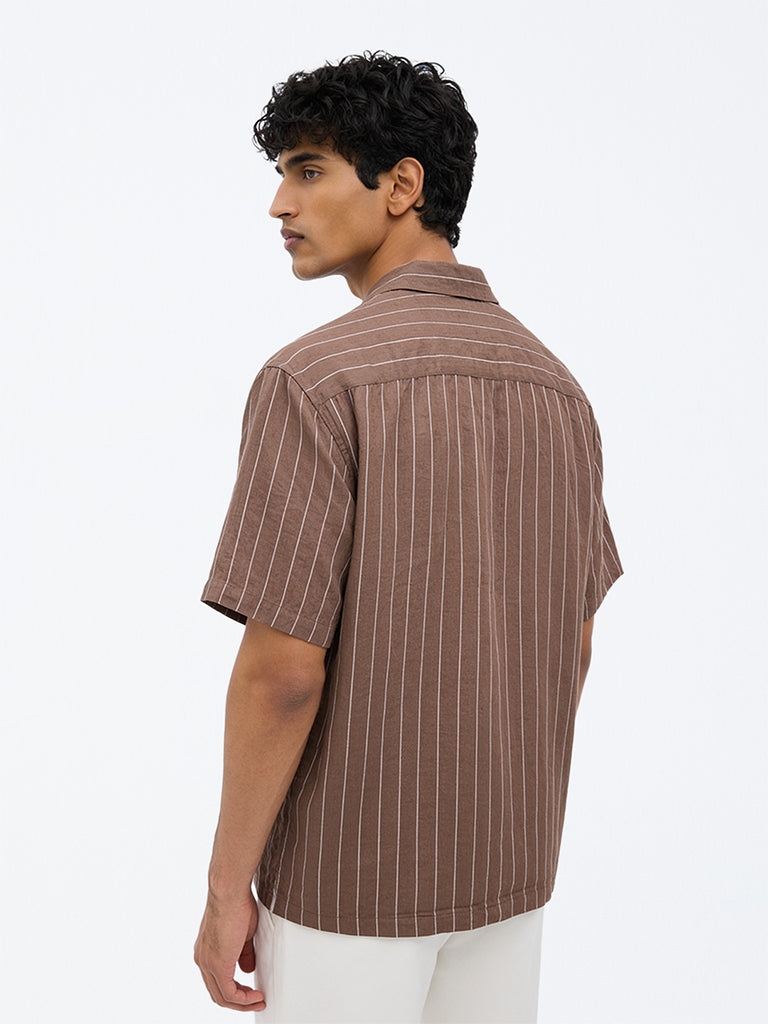 Ascot Brown Striped Relaxed-Fit Linen Shirt