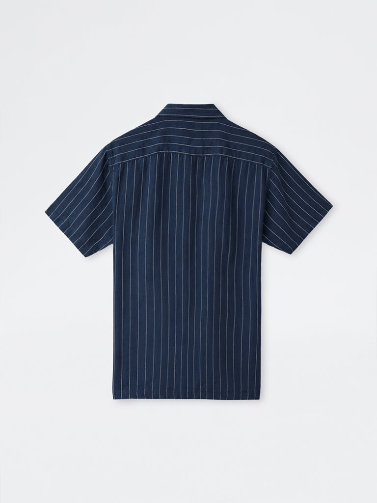 Ascot Navy Striped Relaxed-Fit Linen Shirt
