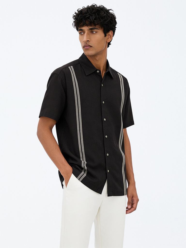 Ascot Dark Brown Striped Relaxed-Fit Linen-Blend Shirt