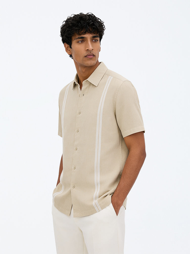 Ascot Beige Striped Relaxed-Fit Linen-Blend Shirt