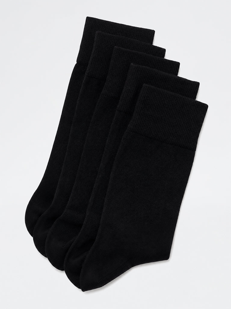 WES Lounge Black Cotton-Blend Full Length Socks - Pack of 5