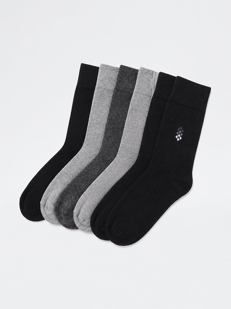 WES Lounge Grey Printed Cotton-Blend Full Length Socks - Pack of 5