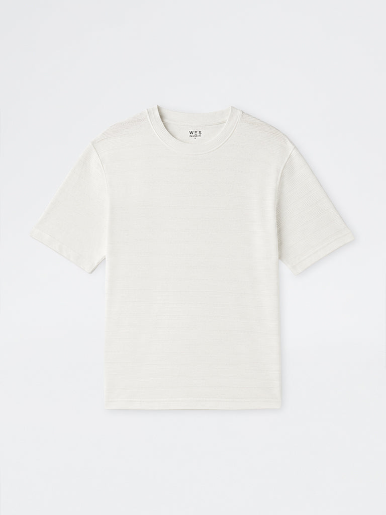WES Lounge Off-White Self-Striped Relaxed-Fit T-Shirt
