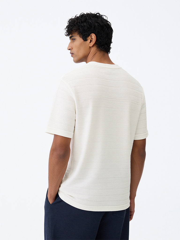 WES Lounge Off-White Self-Striped Relaxed-Fit T-Shirt
