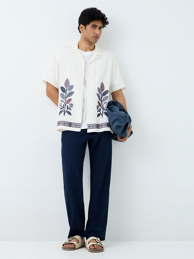 ETA Navy Solid Relaxed-Fit Mid-Rise Cotton-Blend Chinos