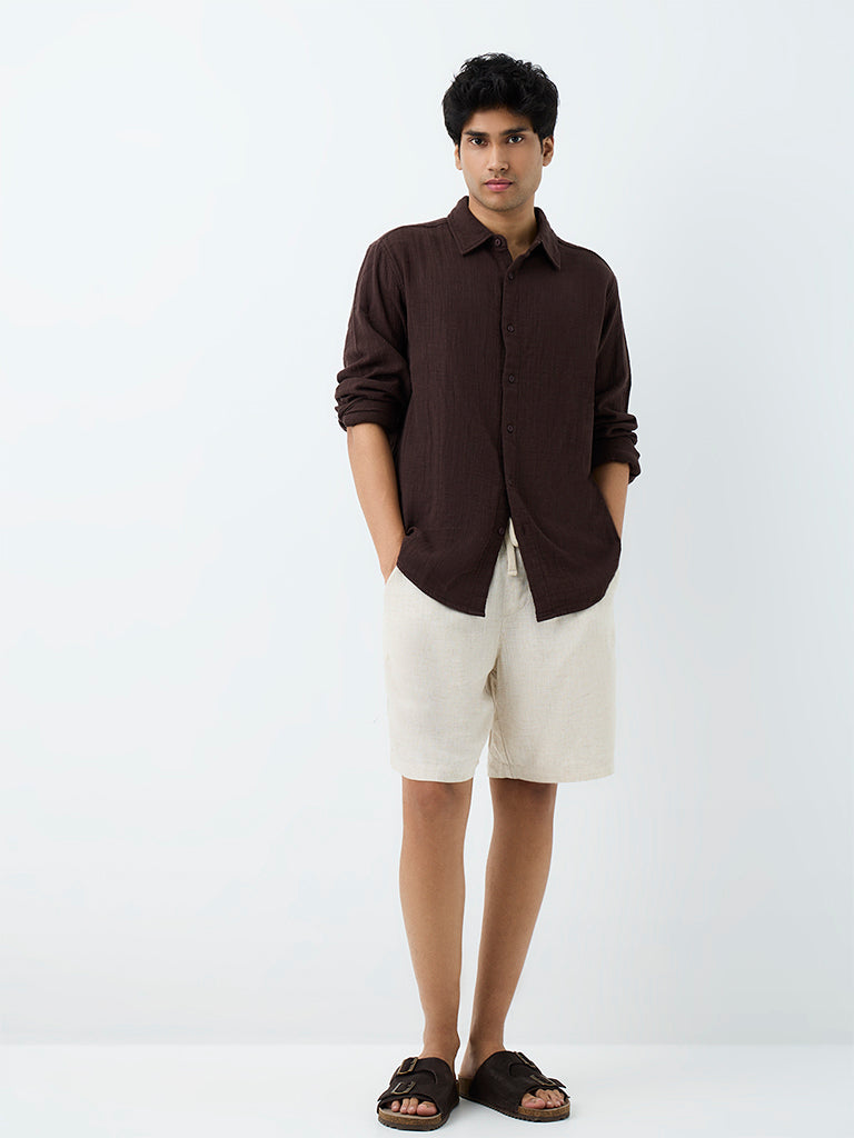 ETA Dark Brown Crinkle-Textured Relaxed-Fit Cotton Shirt