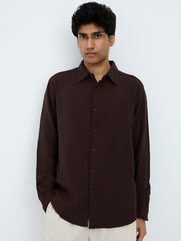ETA Dark Brown Crinkle-Textured Relaxed-Fit Cotton Shirt