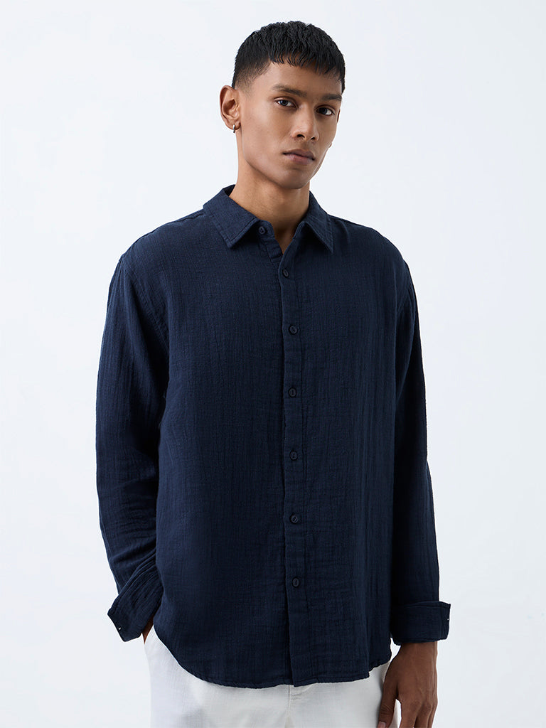 ETA Navy Crinkle-Textured Relaxed-Fit Cotton Shirt