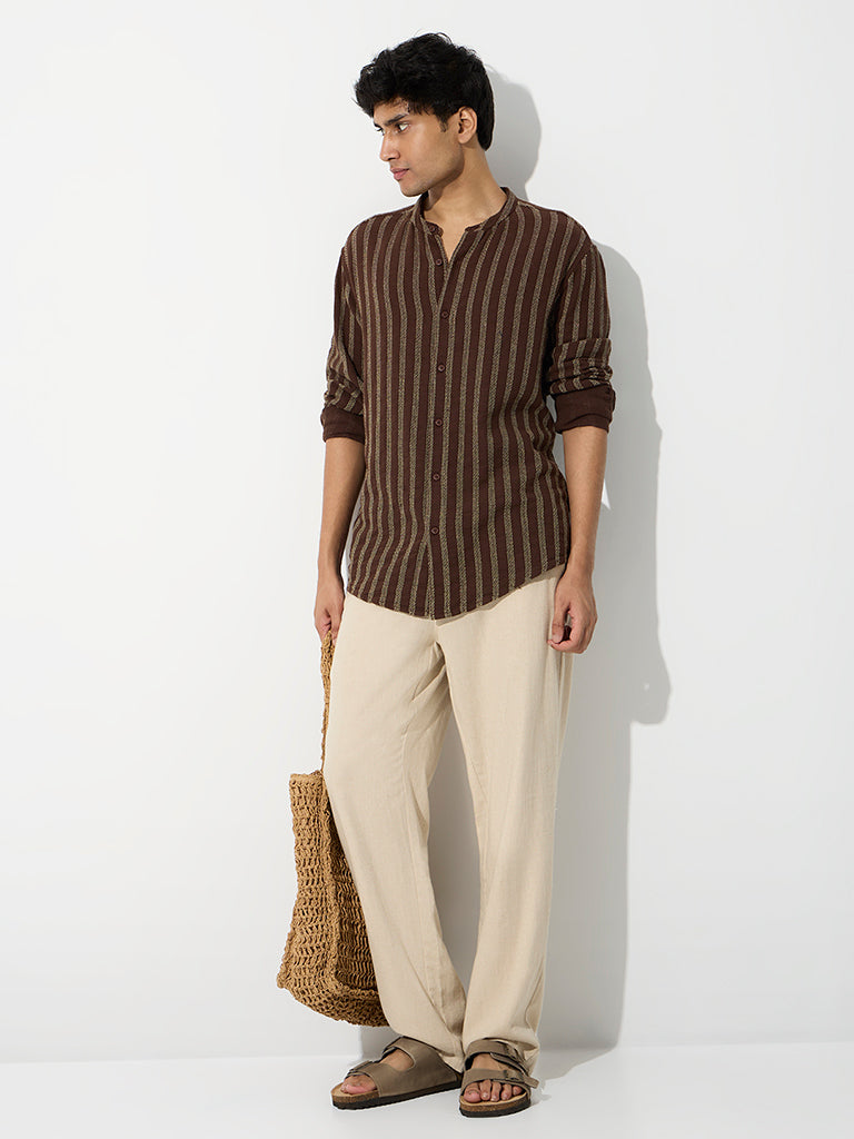 ETA Brown Striped Embroidered Relaxed-Fit Cotton Shirt