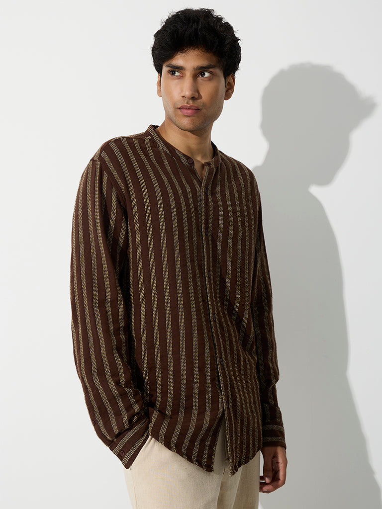 ETA Brown Striped Embroidered Relaxed-Fit Cotton Shirt