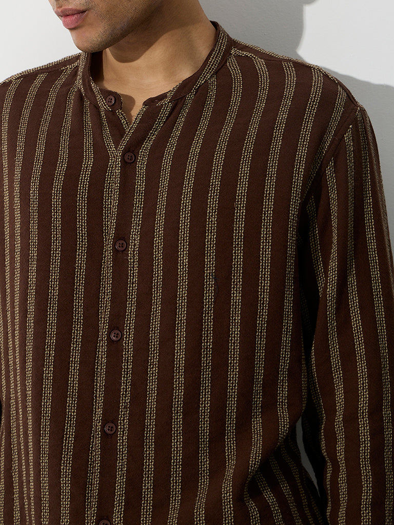 ETA Brown Striped Embroidered Relaxed-Fit Cotton Shirt
