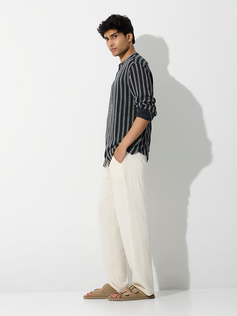 ETA Navy Stripe Embroidered Relaxed-Fit Cotton Shirt