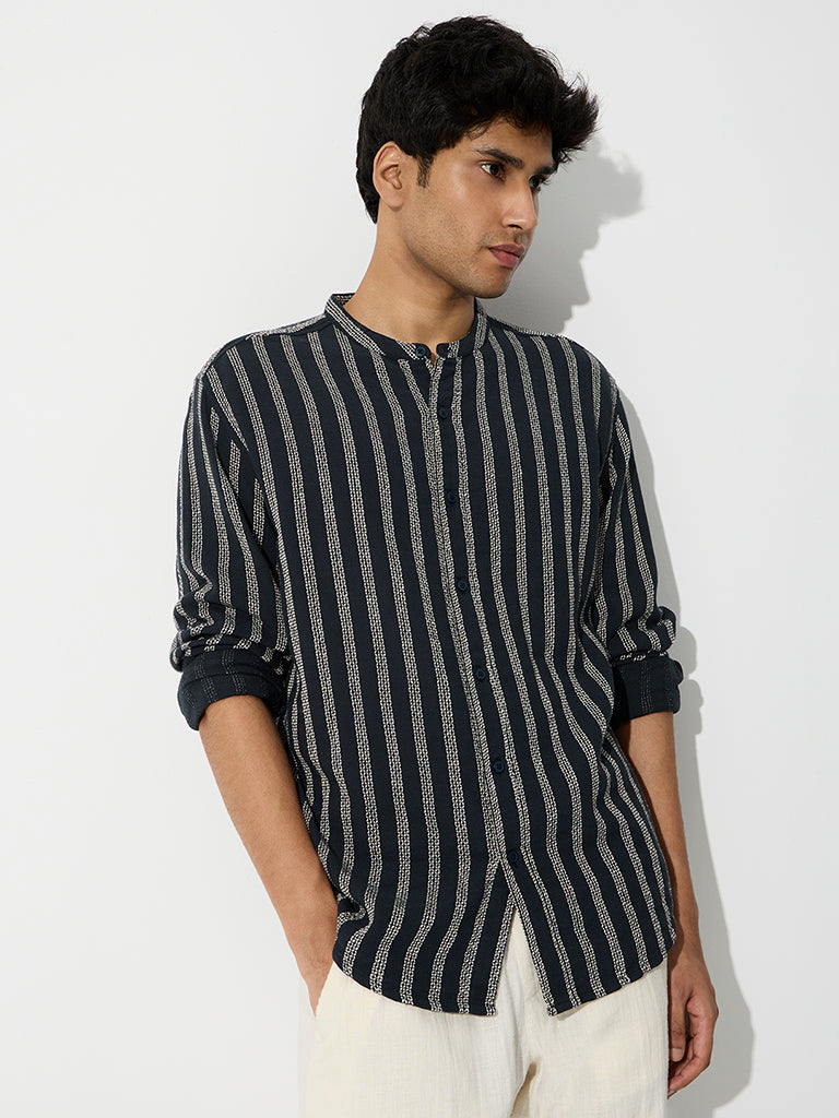 ETA Navy Stripe Embroidered Relaxed-Fit Cotton Shirt