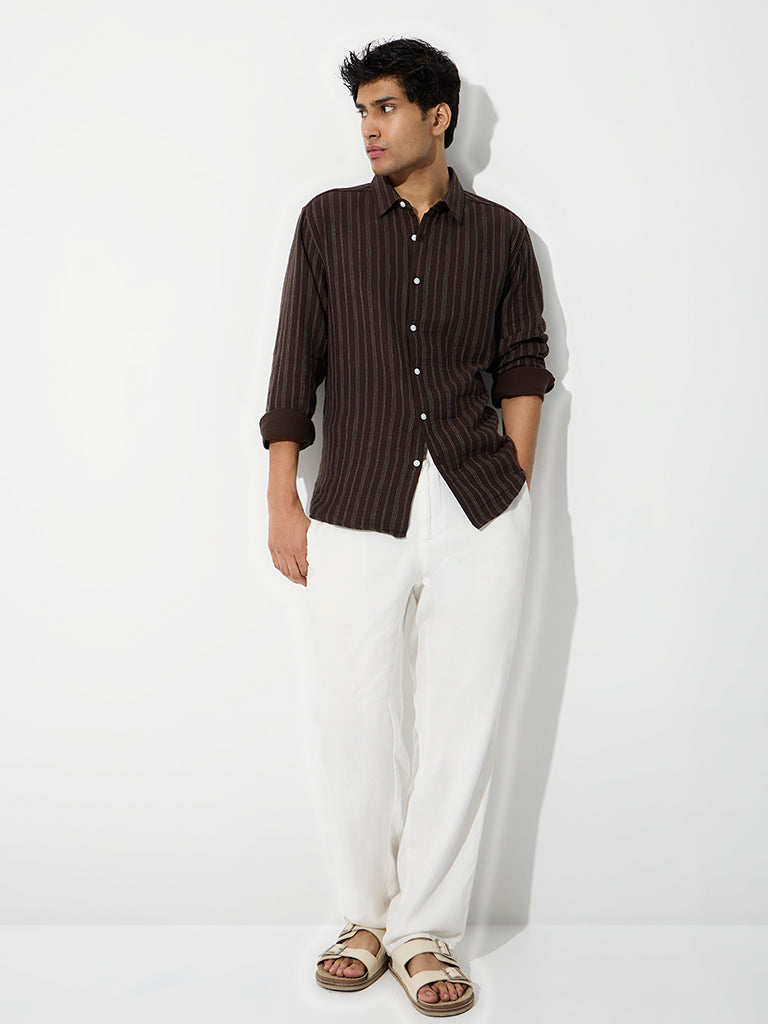 ETA Dark Brown Striped Relaxed-Fit Cotton Shirt