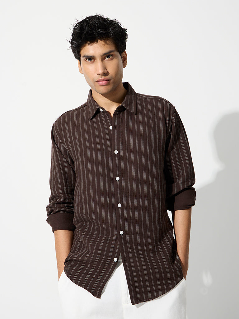 ETA Dark Brown Striped Relaxed-Fit Cotton Shirt