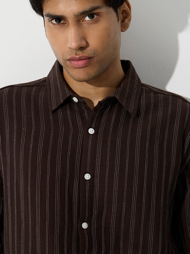 ETA Dark Brown Striped Relaxed-Fit Cotton Shirt