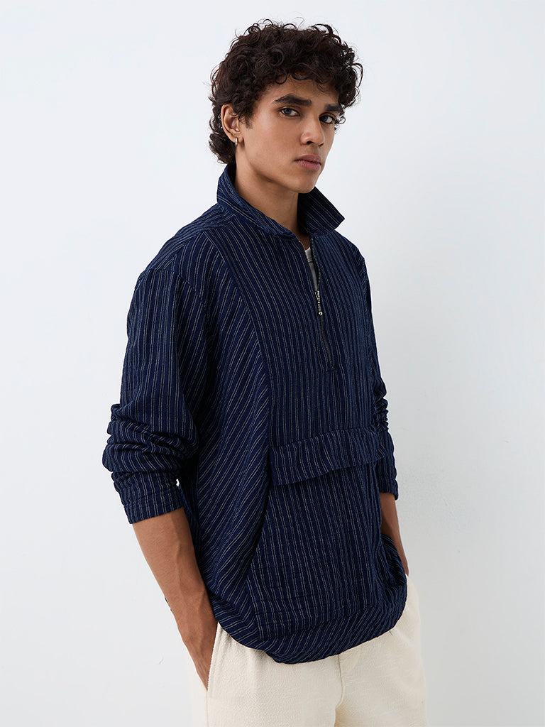 ETA Navy Striped Quarter-Zip Relaxed-Fit Cotton Shirt