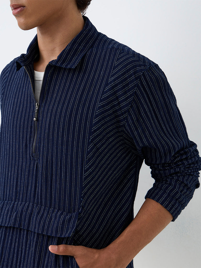 ETA Navy Striped Quarter-Zip Relaxed-Fit Cotton Shirt
