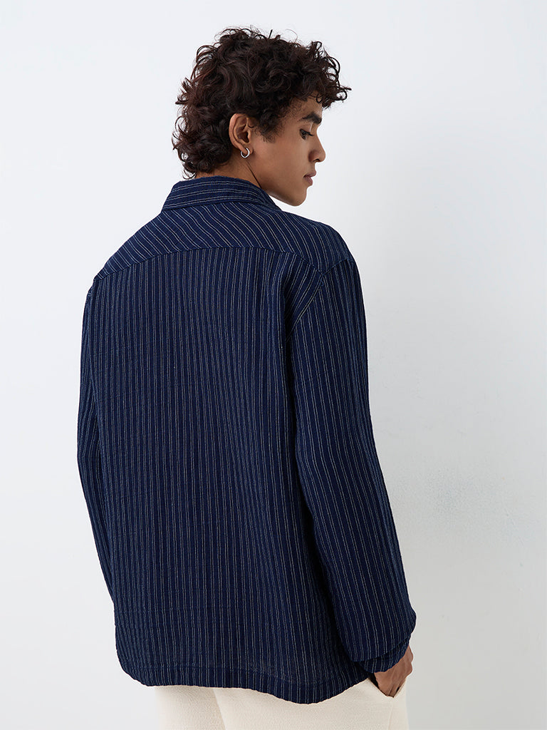 ETA Navy Striped Quarter-Zip Relaxed-Fit Cotton Shirt