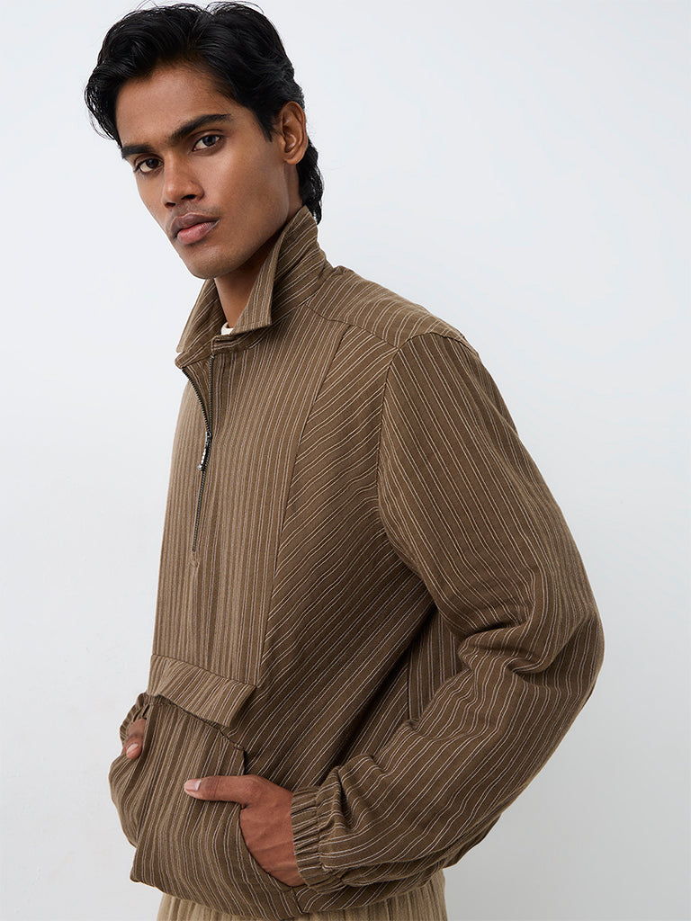ETA Brown Striped Quarter-Zip Relaxed-Fit Cotton Pullover Jacket