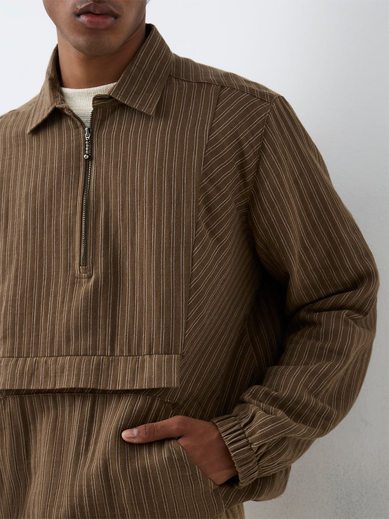 ETA Brown Striped Quarter-Zip Relaxed-Fit Cotton Pullover Jacket