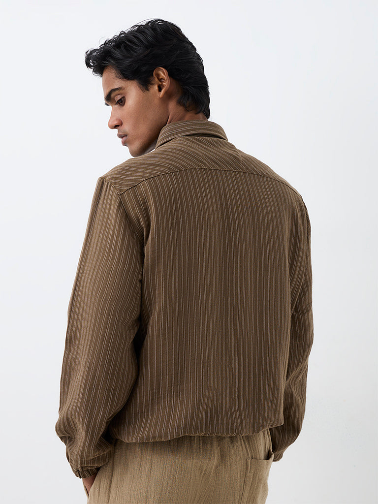 ETA Brown Striped Quarter-Zip Relaxed-Fit Cotton Pullover Jacket
