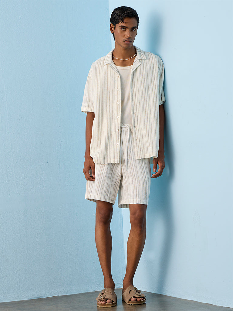 ETA Off-White Stripe Embroidered Relaxed-Fit Mid-Rise Cotton Shorts