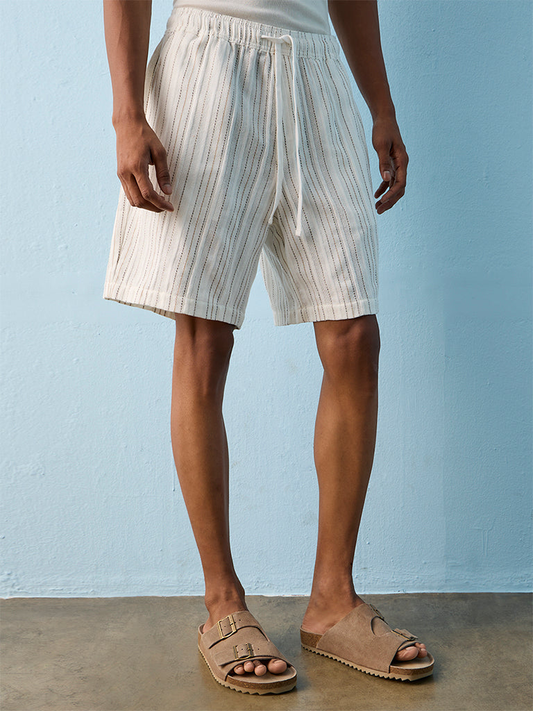 ETA Off-White Stripe Embroidered Relaxed-Fit Mid-Rise Cotton Shorts