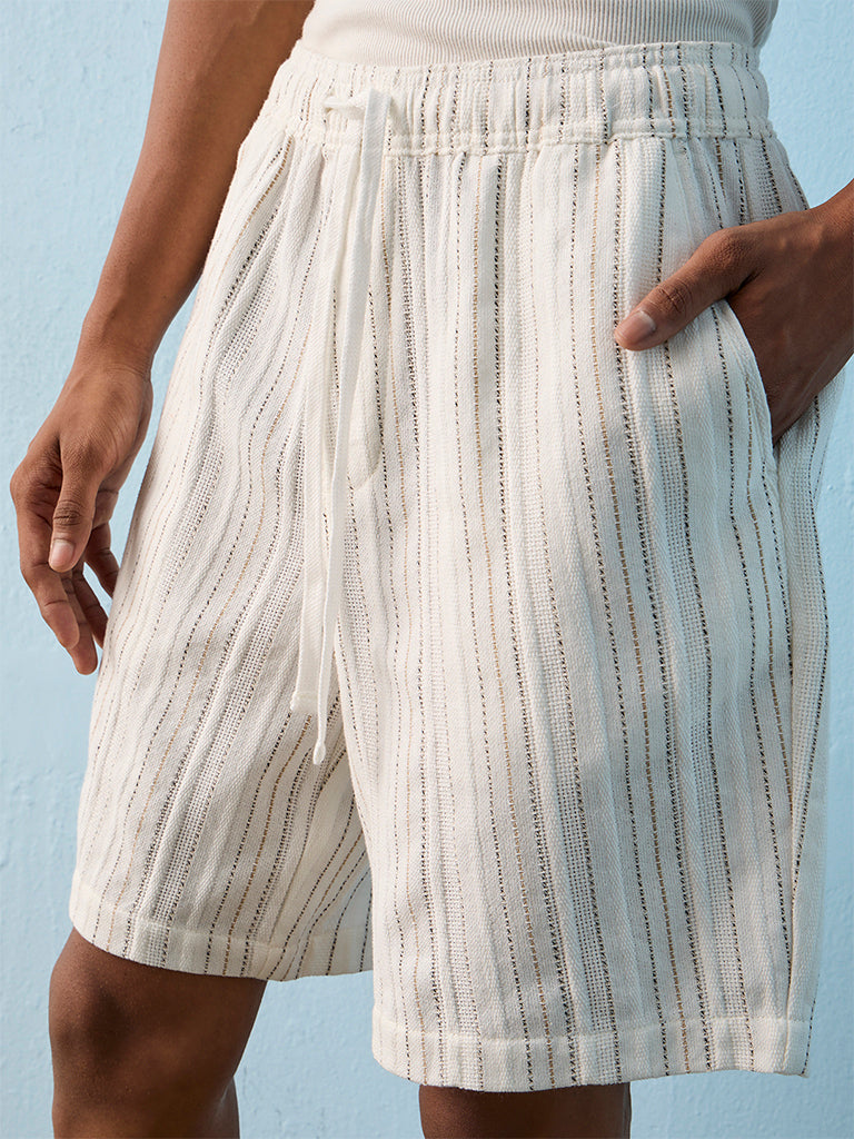ETA Off-White Stripe Embroidered Relaxed-Fit Mid-Rise Cotton Shorts
