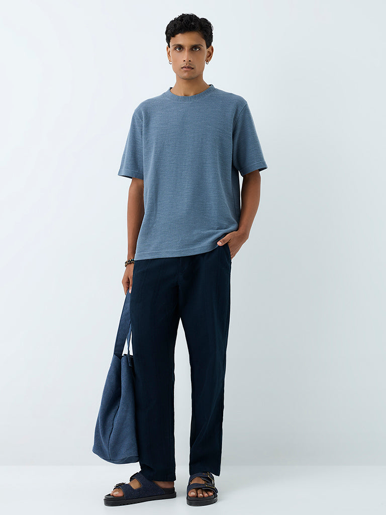 ETA Blue Knit-Textured Relaxed-Fit Cotton-Blend T-Shirt
