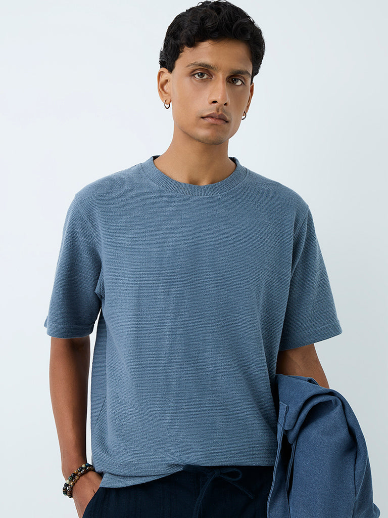 ETA Blue Knit-Textured Relaxed-Fit Cotton-Blend T-Shirt