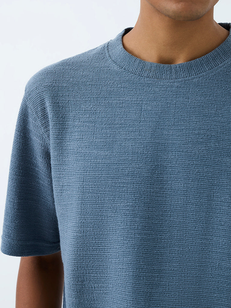 ETA Blue Knit-Textured Relaxed-Fit Cotton-Blend T-Shirt