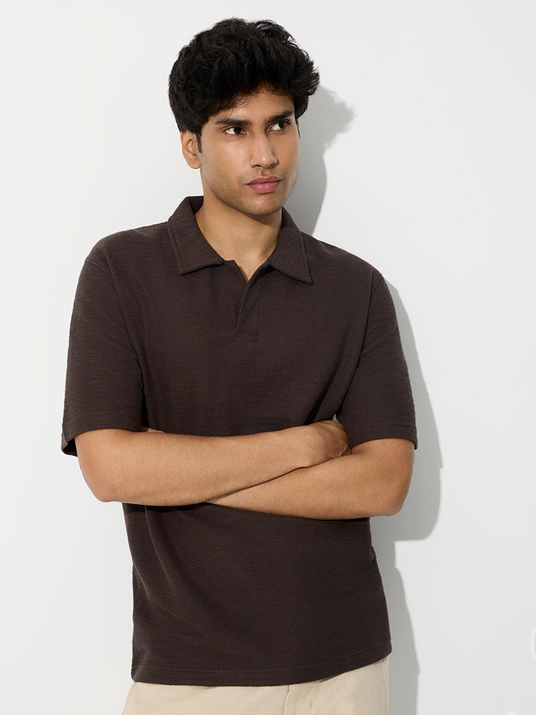 ETA Dark Brown Textured Relaxed-Fit Cotton-Blend T-Shirt