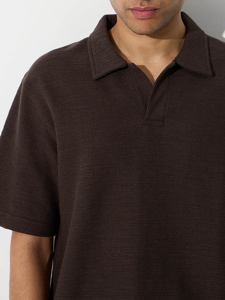 ETA Dark Brown Textured Relaxed-Fit Cotton-Blend T-Shirt