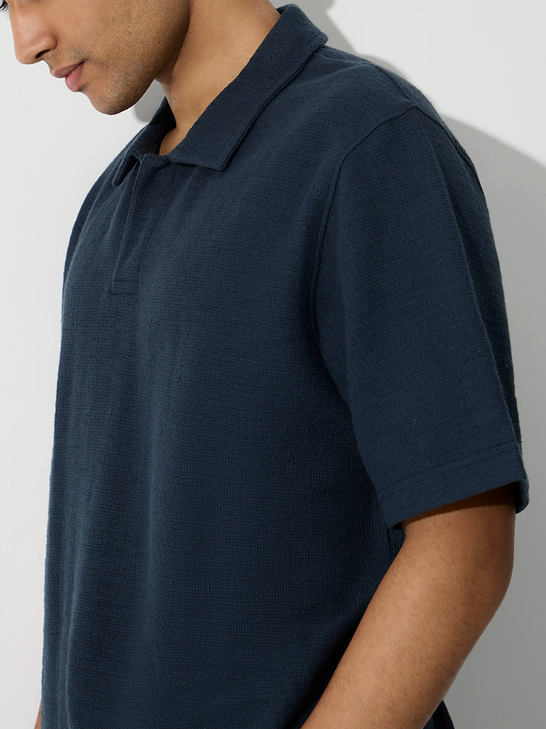 ETA Navy Textured Relaxed-Fit Cotton-Blend T-Shirt